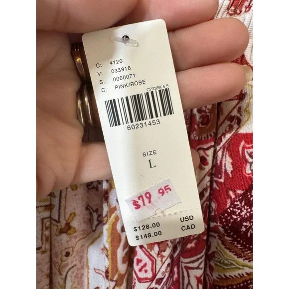 Anthropologie Indira Patchwork Boho Maxi Skirt Pink Rose Smocked Slit Large NEW - Picture 10 of 10